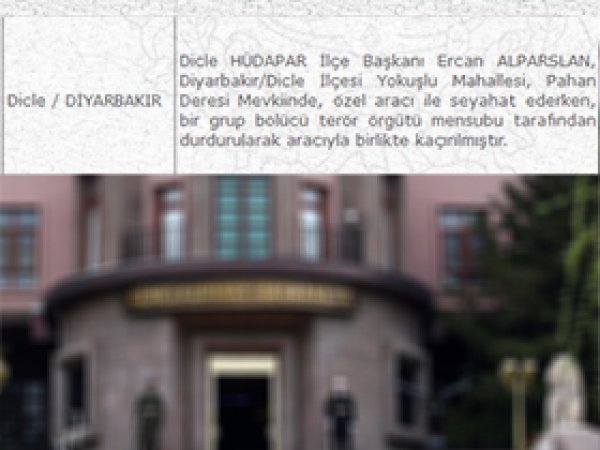 Genelkurmay: HÜDA PAR İlçe Başkanı Kaçırıldı 